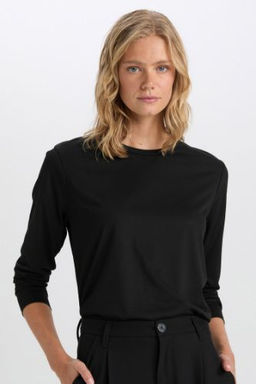Regular Fit Bisiklet Yaka Basic Duz Casual Uzun Kollu Tisort