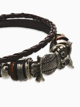 Браслет кожаный «Совушка», L=20 см, коричневый в чернёном серебре
