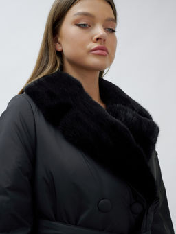 Полупальто зимнее женское с норкой люкс класса черного цвета 8632Ch - Mtforce фото 15