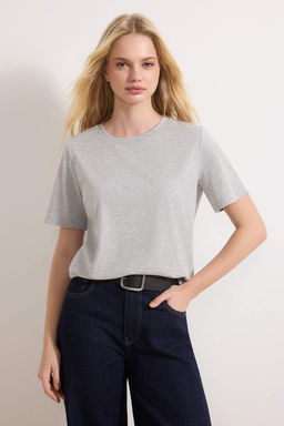 Lacivert-Gri Melanj-Ekru Cizgili 3lu Paket Basic Bisiklet Yaka Orme T-Shirt TWOSS20TS0146