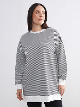 B?y?k Beden Bisiklet Yaka ?izgili Kad?n Sweatshirt Tunik