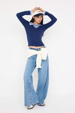 Teen Lacivert Ekose/Kareli Fitted/Vucuda Oturan Dokuma Detayl? Orme Bluz TWOAW26BZ00008 - Trendyolmilla фото 2