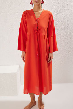 K?rm?z? Dokuma Buzgulu %100 Pamuk Maxi Plaj Elbise TBESS25EL00015 - Trendyolmilla фото 3