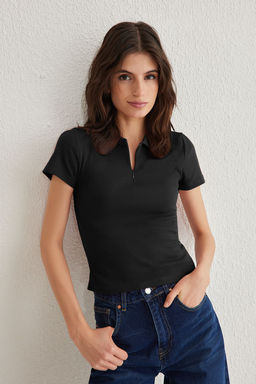 Ekru Fitted/Vucuda Oturan Polo Yaka Esnek Orme Bluz TWOSS25BZ00039 - Trendyolmilla фото 6