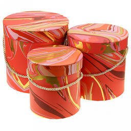 Коробка подарочная, набор 3 штуки: д14х14,5см; д17х17см; д19х19см "Акварель" розовые тона, с золотом, с ручкой (Китай)