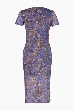 Mavi Bask?l? K?sa Kol Bisiklet Yaka Vucuda Oturan Esnek Midi Tul Kalem Elbise TWOSS23EL01791