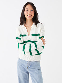 Polo Yaka ?izgili Uzun Kollu Kad?n Triko Kazak