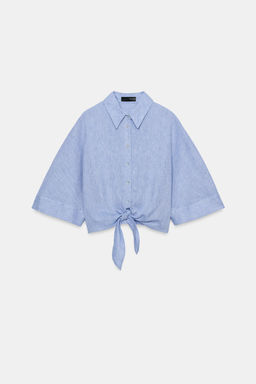 CAMISA NUDO CON LINO / Azul claro