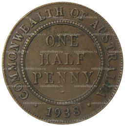 Монета 1/2 пенни 1938 года Австралия