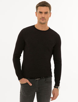 Siyah Slim Fit Bisiklet Yaka Triko Kazak