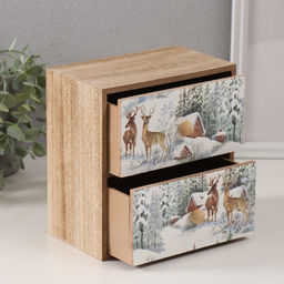 Шкатулка для чая 2 ящика Олени у заснеженного домика, дерево, 10.2?17.2?17.6 см