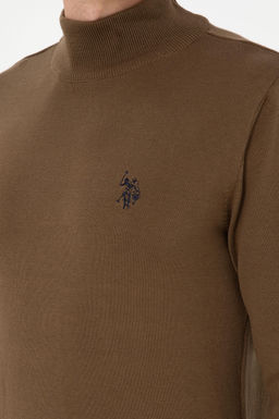 Erkek Slim Fit Yar_m Bo_azl_ Haki Basic Kazak