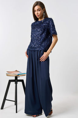 Блузка прямого силуэта из трикотажа с пайеткой синяя