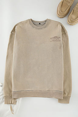 Bej Oversize/Genis Kesim Eskitme/Soluk Efektli Nak?sl? Sweatshirt TMNAW25SW00170