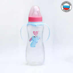 Бутылочку для кормления M&B «Зайки: мамы и малыши», классическое горло, 250 мл., от 3 мес., приталенная, с ручками