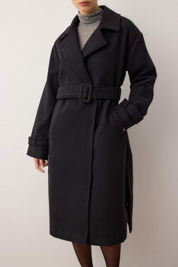 Trendyolmilla Koyu Kahverengi Oversize Genis Kesim Kemerli Uzun Yunlu Kase Kaban TWOAW22KB0015  фото 42