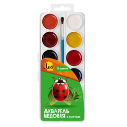 Краска акварель Лео Ярко медовые, с кистью (классическая) в пластиковой упаковке с европодвесом LBWB-0112 12 цв