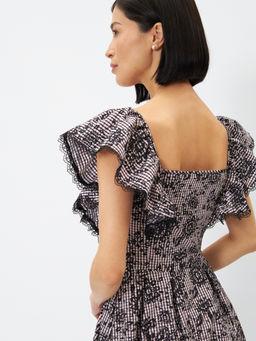 Платье из хлопка с отделкой из кружева OD-945-1 клетка ч/б с напылением