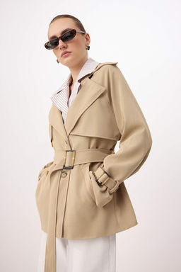 Bej Cizgili Gomlek Yaka Detayl? Kruvaze Kapama Midi Trenckot TWOSS26TR00005 - Trendyolmilla фото 4