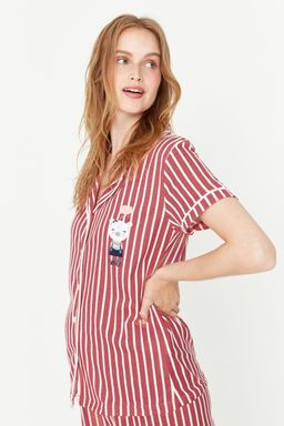 Trendyolmilla Pembe Cizgili Hayvan Bask?l? Gomlek-Pantolon Orme Pijama Tak?m? THMSS21PT0878