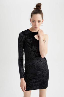 Облегающее велюровое мини-платье на одно плечо с длинными рукавами - Defacto фото 8