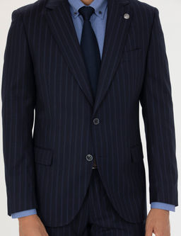 %100 Y_n Lacivert _izgili Ekstra Slim Fit Tak_m Elbise