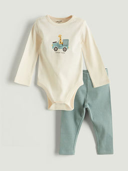 Bisiklet Yaka Uzun Kollu Bask?l? Erkek Bebek ??t??tl? Body ve Pantolon 2li Tak?m