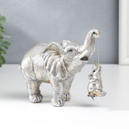 Фигурка полистоун «Слон качает слонёнка на качелях», под серебро, 14.5×8×18 см