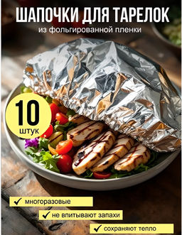 Фольгированные пакеты для тарелок на резинке Многоразовые и термостойкие, 10 штук, 33см