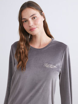 Bisiklet Yaka Nak??l? Kadife Kad?n Pijama Tak?m?