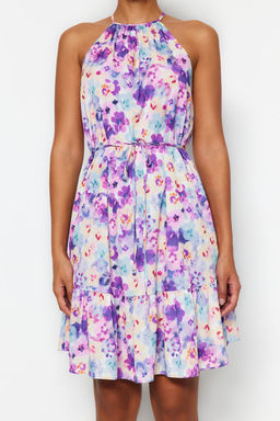 Mor Cicekli Halter Yaka A Kesim Baglama Detayl? Mini Dokuma Elbise TWOSS22EL00666