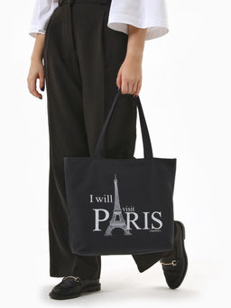 Сумка текстильная шопер на молнии с подкладкой, 42×9×32 см, с рисунком, чёрная/белая