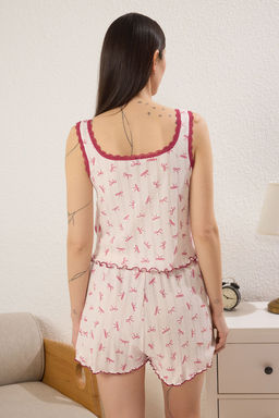 Trendyolmilla Ekru Cicekli Dantelli Pointel Ajurlu/Delikli Sortlu Orme Pijama Tak?m? THMSS25PT00079  фото 4