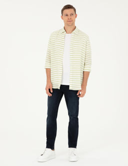 Ye_il Keten Kar___ml_ Slim Fit Uzun Kollu G_mlek
