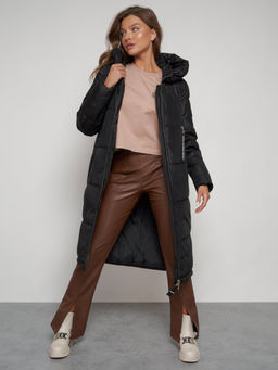 Пальто утепленное с капюшоном зимнее женское черного цвета 13816Ch - Visdeer фото 21