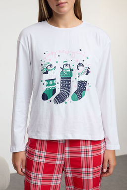 Trendyolmilla Beyaz-Cok Renkli %100 Pamuklu K?s Temal? Ekoseli Orme Pijama Tak?m? THMAW25PT00121  фото 4