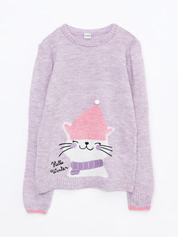 Bisiklet Yaka Desenli Uzun Kollu K?z ?ocuk Triko Kazak