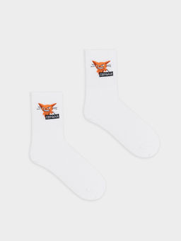 Цена за 5 пар! Носки женские высокие белые с узором в виде котика и надписью "Серада" белый 217K-2666