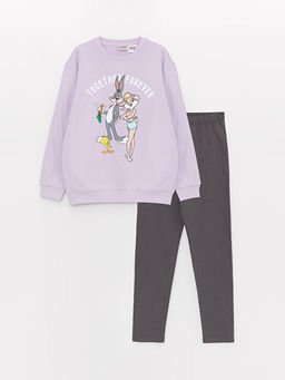 Bisiklet Yaka Looney Tunes Bask?l? Uzun Kollu K?z ?ocuk Sweatshirt ve Tayt