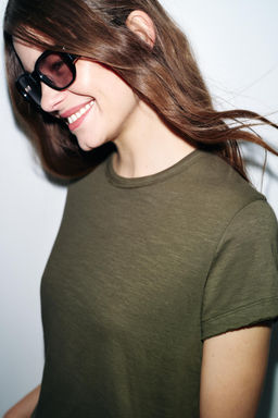 CAMISETA ALGOD?N MANGA CORTA / Khaki - Zara фото 3