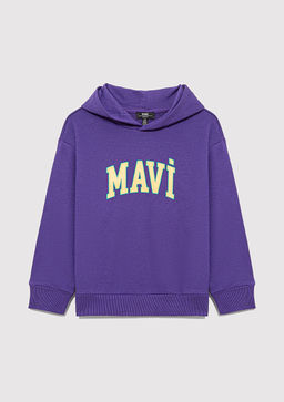 Mavi Logo Bask?l? Kapusonlu Mor Sweatshirt