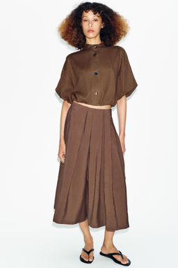 CAMISA GLOBO CON LINO / Marr?n / Topo