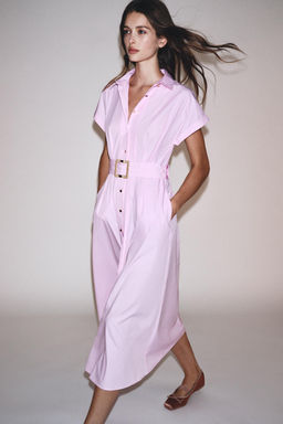 BELTED POPLIN MIDI DRESS