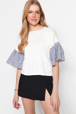 Beyaz Poplin Detayl? Relaxed/Genis Rahat Kesim Bisiklet Yaka Orme Bluz TWOSS23BZ00065