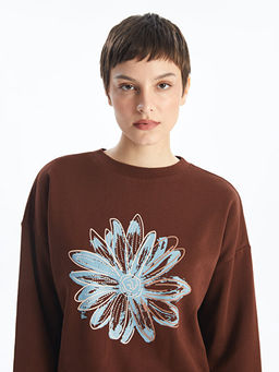 Bisiklet Yaka Bask?l? Oversize Kad?n Kal?n Sweatshirt