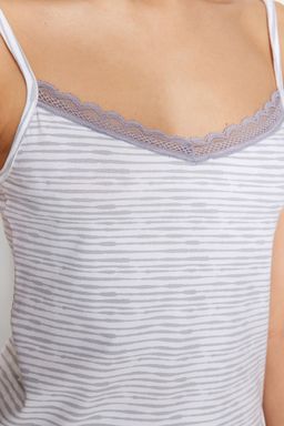 Trendyolmilla Pudra Pamuklu Cizgili Dantelli Ip Ask?l? Orme Pijama Tak?m? THMSS23PT00227 фото 12