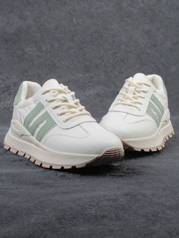 03-WG040-1M MILK/GREEN Кроссовки демисезонные женские (натуральная кожа)