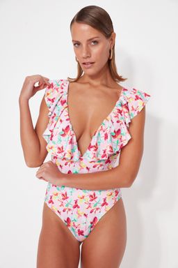 Cicek Desenli Derin Dekolteli Volanl? Normal Paca Mayo TBESS23MA00280 - Trendyolmilla фото 2