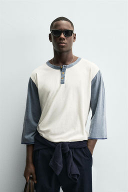COLOUR BLOCK T-SHIRT WITH BUTTONED NECK - Zara фото 2