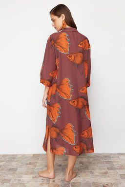 TRENDYOLMILLA Bal?k Desenli Genis Kal?p Dokuma %100 Pamuk Midi Plaj Elbisesi TBESS22EL0009 фото 5